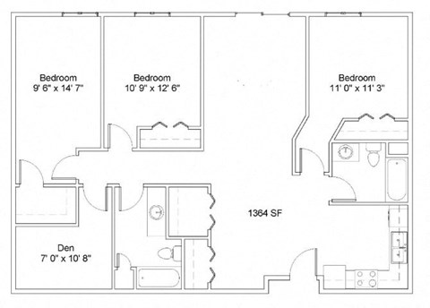 Floor plan for 3 beds, 2 baths, 1364 sqft